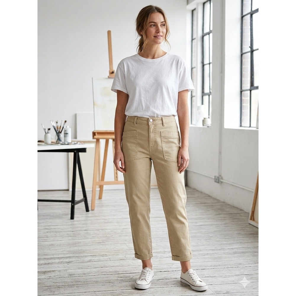 Flamingals Utility Pants Khaki Patch Pocket High Rise Women XL NWT